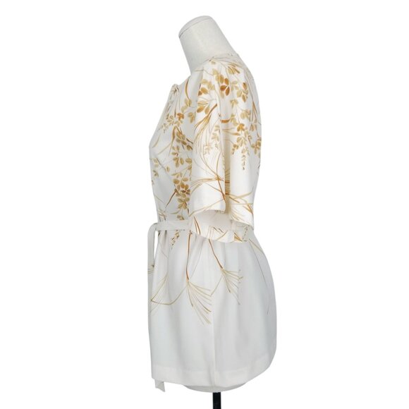 Vintage Nani of Hawaii Botanical Print Tie Waist Blouse Cream Brown Sz Small - Picture 3 of 8